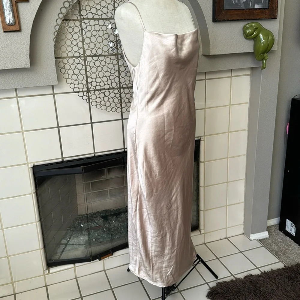 Lulus satin cowl neck low back champagne pink spaghetti strap midi dress size xs